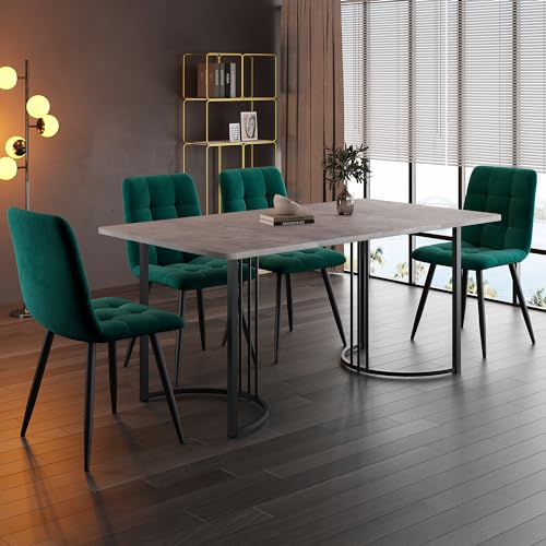 TOBIDOEN Esstisch-Set mit 4 Samtgepolsterte Stühlen, Moderner Essgruppe mit 140×80 cm Tischplatte für Zuhause & Familie, Schwarz Metallbeinen (Grau Tisch + 4 Dunkelgrün Esszimmerstühle) von TOBIDOEN