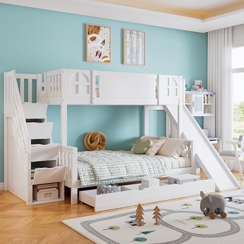 TOBIDOEN Etagenbett 90x200&120x200 cm mit Kinderrutsche und Schubladen mit Rollen, Stauraumtreppe mit 4 Schließfächern, Stabiles Bettgestell mit Absturzsicherung aus Kiefer, Ganz Weiß von TOBIDOEN