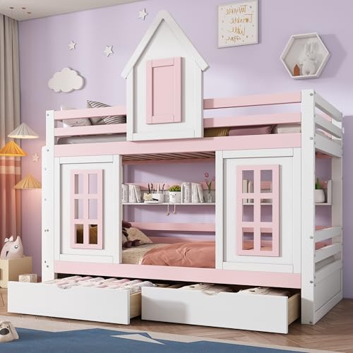 TOBIDOEN Etagenbett Kinderbett 90x200 cm mit Einzigartiges Fensterdesign und Ablagefächer im Bett, Zwei Schubladen mit Rollen, Seitenleiter und Stabiles Geländer, Kiefer+MDF, Weiß+Rosa TOBIDOEN Etagenbett Kinderbett 90x200 cm mit Einzigartiges Fensterdesign und Ablagefächer im Bett, Zwei Schubladen mit Rollen, Seitenleiter und Stabiles Geländer, Kiefer+MDF, Weiß+Rosa von TOBIDOEN