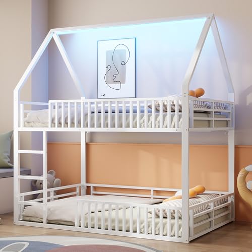 TOBIDOEN Haus-Etagenbett 140x200 cm Metallbett mit Gitterschutz, Dach mit Ambiente Funktion, Freie untere Ebene zum Liegen oder Entspannen, Kinderbett Hausbett für 2 Kinder, Weiß TOBIDOEN Haus-Etagenbett 140x200 cm Metallbett mit Gitterschutz, Dach mit Ambiente Funktion, Freie untere Ebene zum Liegen oder Entspannen, Kinderbett Hausbett für 2 Kinder, Weiß von TOBIDOEN