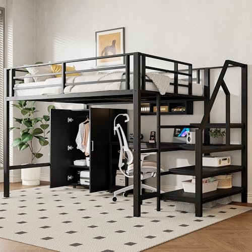 TOBIDOEN Hochbett 140x200 cm Metall Bettgestell mit Kleiderschrank und Schreibtisch darunter, Jugendbett mit Regale & Stauraumtreppe, für Jugendliche & Kinder (Schwarz, ohne Matratze) von TOBIDOEN