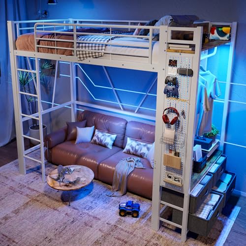 TOBIDOEN Hochbett 90x200 cm Eisenrahmen mit Trockenstab, Großzügiger Stauraum mit 4 Schubladen, US/B Einlegeböden und Lochwand, LE/D Metallbett mit Leiter (Weiß ohne Tisch) von TOBIDOEN