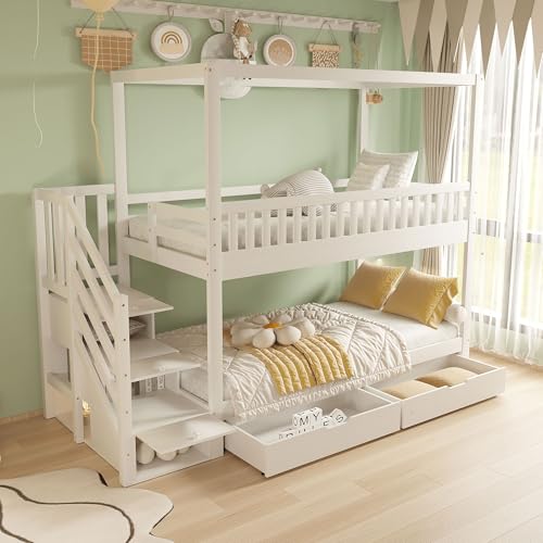 TOBIDOEN Hochbett Etagenbett 90x200 cm mit 2 Schubladen und Sicherheits-stauraumtreppe, Rausfallschutz Kinderbett für 2 Kinder mit Sicherheitsgitter-Design, Massivholzbett, A-Weiß TOBIDOEN Hochbett Etagenbett 90x200 cm mit 2 Schubladen und Sicherheits-stauraumtreppe, Rausfallschutz Kinderbett für 2 Kinder mit Sicherheitsgitter-Design, Massivholzbett, A-Weiß von TOBIDOEN