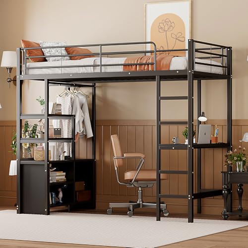 TOBIDOEN Hochbett Jugendliche 90x200 cm mit Schreibtisch und Bettfunktionshilfen, Mehrere Regale und Offener Lagerschrank, Eisenrahmenbett mit Sicherheitsgeländer & Leiter, Ohne Matratze (Schwarz) von TOBIDOEN