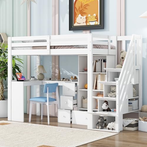 TOBIDOEN Hochbett Kinder 90x200 cm mit Schreibtisch und 4 Schubladen, Großer Stauraum unter dem Bett mit Offener Stauschrank, Verstaubare Treppe & Regal, Ohne Matratze, Bettgestell aus Kiefer, Weiß von TOBIDOEN