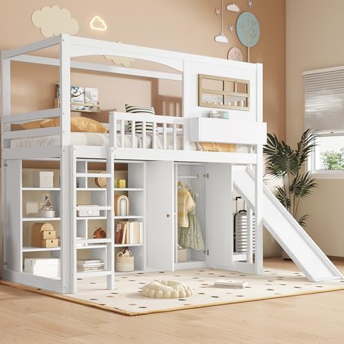 TOBIDOEN Hochbett Kinderbett 90x200 cm mit Kinderrutsche und Großem Kleiderschrank, Bett mit Vierstufiger Leiter und Fallschutzgitter, Ordentliches Aufbewahrungsregal, Kiefernholz-Weiß von TOBIDOEN
