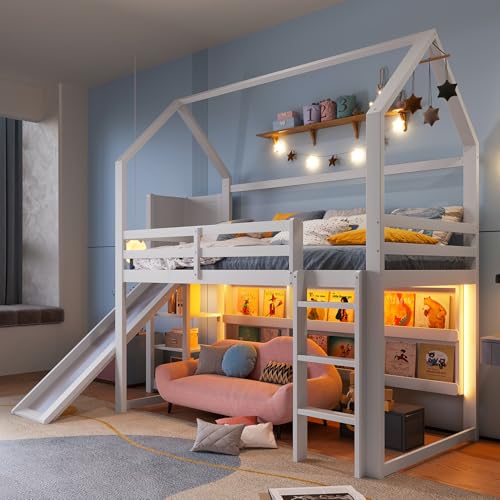 TOBIDOEN Hochbett Kinderbett 90x200 cm mit Kinderrutsche und Leiter, Unterbett mit Ambiente Funktion und Spielbereich, Schutzgitter und Stabile Lattenroste, Kiefer Hausförmiges Bett, Weiß von TOBIDOEN