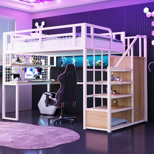 TOBIDOEN Hochbett Metall 140x200 cm mit Stauraumtreppe und Einfachem Kleiderschrank, Jugendbett mit Tisch und Einlegeböden, Stabiles Geländer aus Eisen für Kinder/Jugendliche, Weiß, Ohne Matratze von TOBIDOEN