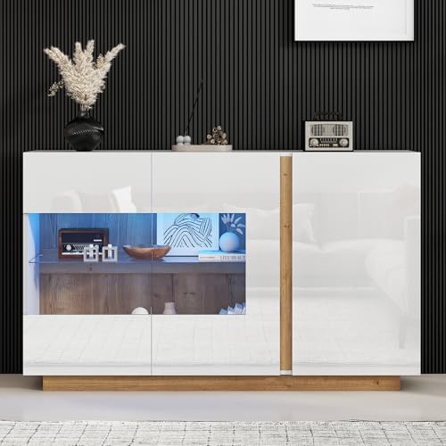 TOBIDOEN Hochglänzende Sideboard Wohnzimmer Weiß, Moderne Buffetschrank Aufbewahrungsschrank mit 4 Ablageflächen mit 3 Türen, für Küche, Wohnzimmer, Esszimmer und Flur, 138x38x90.5cm ﻿ (C) von TOBIDOEN