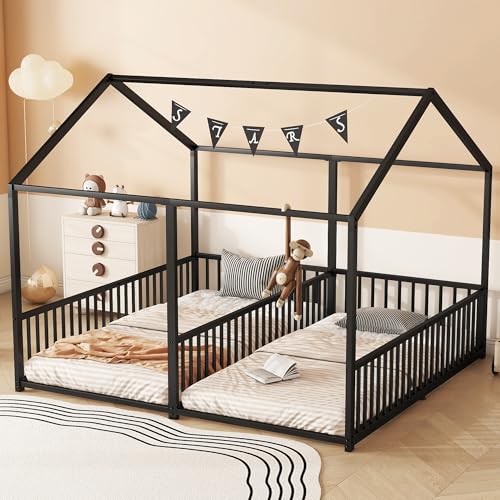 TOBIDOEN Kinderbett 90x200 cm Zwei 90cm Betten mit Rausfallschutz, Hausbett Bodenbett Zwillingsbett mit Hausmodellierung, Kinder Bett Eisenrahmen, Schwarz Ideal für 2 Kindern von TOBIDOEN
