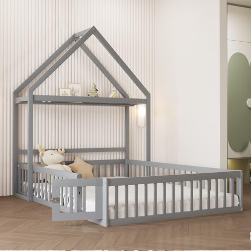 TOBIDOEN Kinderbett Bodenbett 140x200 cm mit Rausfallschutz und Lattenrost, Holzbett mit Separatem Dachdesign, Kann als Kleiderständer und Stauraum, Massivem Kiefernholz (Grau, 140x200) von TOBIDOEN