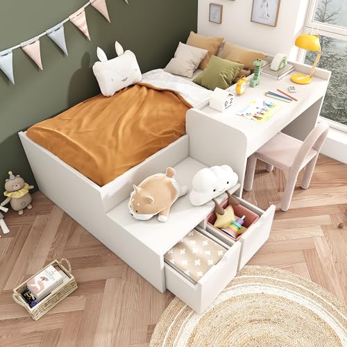 TOBIDOEN Kinderbett Daybett 90x200 cm Einzelbett mit Schreibtisch und 2 Schubladen, Massiveholz Bett Wandbett Tagesbett mit Lattenrost für Jungen & Mädchen, Weiß, Ohne Matratze TOBIDOEN Kinderbett Daybett 90x200 cm Einzelbett mit Schreibtisch und 2 Schubladen, Massiveholz Bett Wandbett Tagesbett mit Lattenrost für Jungen & Mädchen, Weiß, Ohne Matratze von TOBIDOEN