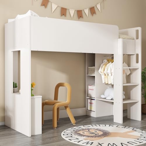 TOBIDOEN Kinderbett Hochbett 90x200 cm, 3-in-1 Funktionsbett mit Aufbewahrungsfächern & Leiter, Kleiderschrank & Regaleinheiten, Bett für Kinder & Jugendliche mit Schreibtisch, Weiß, ohne matratze von TOBIDOEN