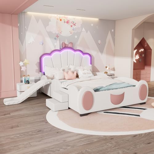 TOBIDOEN Kinderbett Polsterbett 140x200 cm Cartoon Bett, Crown Kopfteil mit Ambiente Design, Mädchenbetten mit Lattenrost, Rutsche & Treppe, für Kinderzimmer, Ohne Matratze, PU-Material, Rosa+Weiß von TOBIDOEN