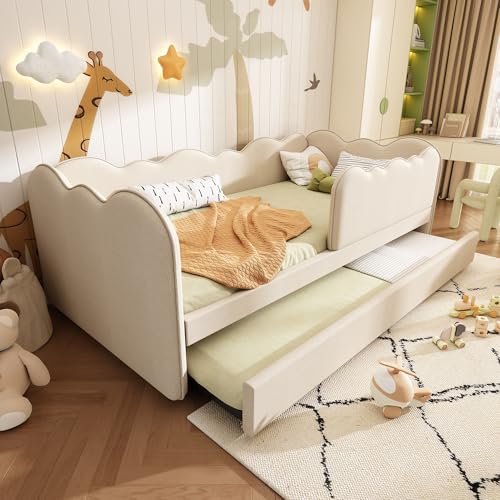 TOBIDOEN Kinderbett Tagesbett 90x190 cm mit Ausziehbett aus Leinenstoff, Polsterbett Daybett mit Abnehmbares Geländer, Ausziehbares Jugendbett mit Rollen (Beige, ohne Matratze) von TOBIDOEN