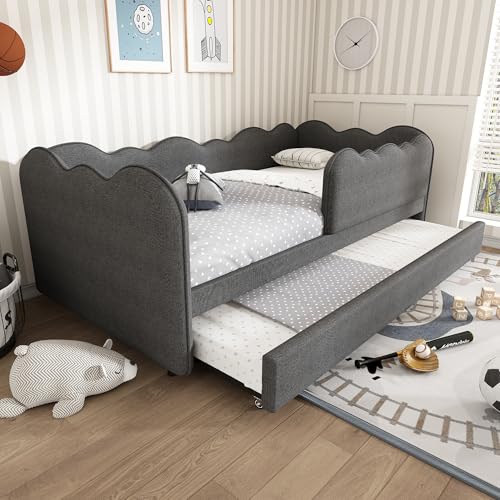 TOBIDOEN Kinderbett Tagesbett 90x190 cm mit Ausziehbett aus Leinenstoff, Polsterbett Daybett mit Abnehmbares Geländer, Ausziehbares Jugendbett mit Rollen (Grau, ohne Matratze) von TOBIDOEN