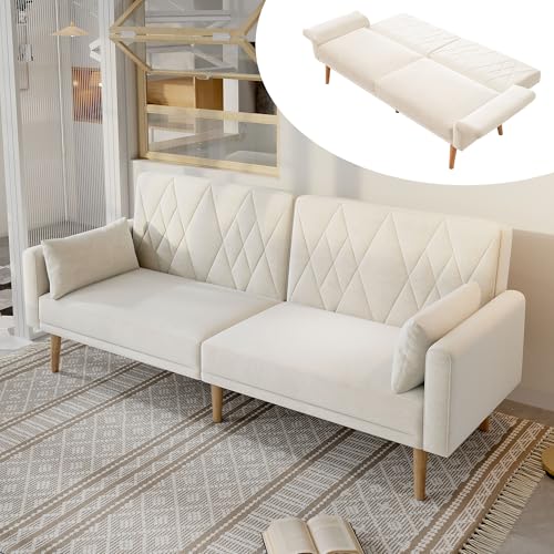 TOBIDOEN Kleines Sofa 2 Sitzer Klappsofa mit 3-Fach Verstellbare Rückenlehne und Umklappbare Armlehnen, Schlafsofa aus Samtstoff mit 2 Sofakissen, Minimalistischer für den Innenbereich (A Beige) von TOBIDOEN