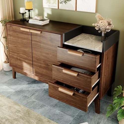 TOBIDOEN Kommode 120 cm Breit mit Marmor-Optik, Platte - Offene Ablage + 3 Schubladen & Doppeltürschrank, Schrank für Wohnzimmer & Schlafzimmer, Höhenverstellbares Regal, Massivholzfüße, Eiche von TOBIDOEN