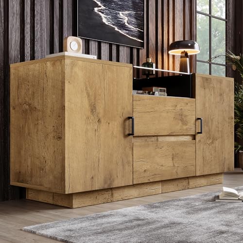 TOBIDOEN Kommode Eichenoptik 140 cm Breite mit 2 Schubladen + 2 Schränken, Sideboard mit Höhenverstellbares Regal und Offenem Ablagefach mit Glas, Schwarze Griffe, Spanplatte, Eiche von TOBIDOEN