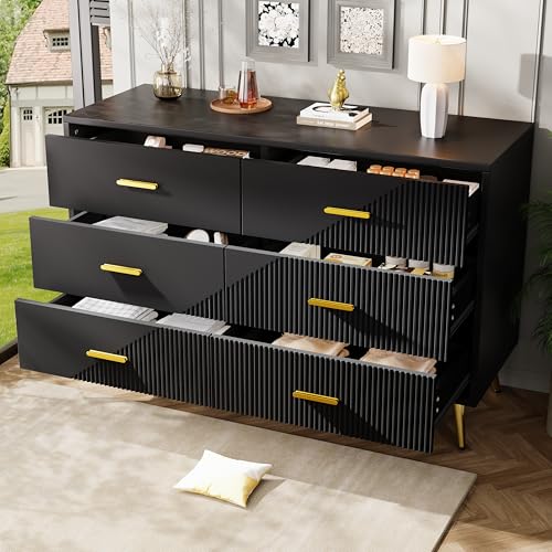 TOBIDOEN Komodenschrank für Schlafzimmer 120x40x75 cm, Kommode mit 6 geräumige Schubladen, modern Sideboard für Wohnzimmer&Esszimmer, dreidimensionales Schranktürdesign und goldene Beine (Schwarz) TOBIDOEN Komodenschrank für Schlafzimmer 120x40x75 cm, Kommode mit 6 geräumige Schubladen, modern Sideboard für Wohnzimmer&Esszimmer, dreidimensionales Schranktürdesign und goldene Beine (Schwarz) von TOBIDOEN