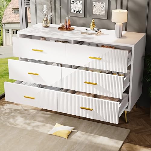 TOBIDOEN Komodenschrank für Schlafzimmer 120x40x75 cm, Kommode mit 6 geräumige Schubladen, modern Sideboard für Wohnzimmer&Esszimmer, dreidimensionales Schranktürdesign und goldene Beine (Weiß) TOBIDOEN Komodenschrank für Schlafzimmer 120x40x75 cm, Kommode mit 6 geräumige Schubladen, modern Sideboard für Wohnzimmer&Esszimmer, dreidimensionales Schranktürdesign und goldene Beine (Weiß) von TOBIDOEN