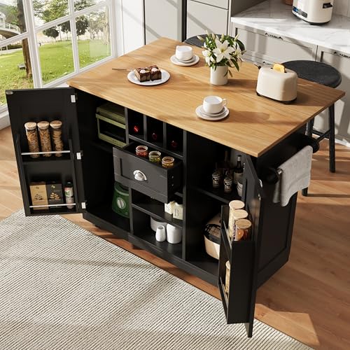 TOBIDOEN Kücheninsel Rollwagen Küche 140 x 70 x 93.5 cm, Küchenschrank mit Klappbarer Arbeitsplatte aus Holz, Küchenwagen mit Rollen, Handtuchhalter, Weinregal, Türregal und Offene Regale von TOBIDOEN