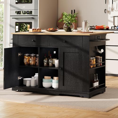 TOBIDOEN Kücheninsel mit ausziehbarer Arbeitsplatte 151.5x84.7x91.7cm, Küchenwagen mit Rollen, Küchenschrank mit 2 Schubladen, 6 Fächern, Seitenregalen und Handtuchhalter, Schwarz von TOBIDOEN