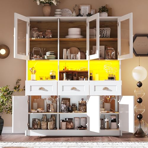TOBIDOEN Küchenschrank Hoch 140×40×175cm, Küchenbuffet Buffetschrank mit Acryltüren und Metallgriffen, Mehrzweckschrank Sideboard mit DREI Schubladen und sechs Schränke mit Türen (Weiß) von TOBIDOEN
