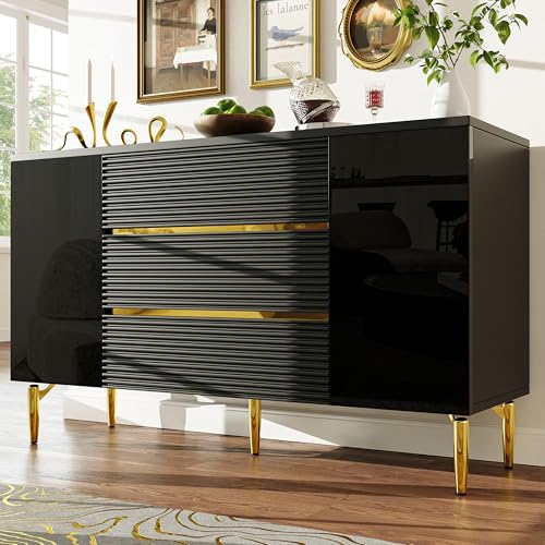 TOBIDOEN Küchenschrank Schwarz mit 3 Schubladen und 4 Staufach 120 x 40 x 73 cm, Sideboard Wohnzimmer mit Karomuster-Schubladentüren und Eisenbeine, Aufbewahrungsschrank aus Holz TOBIDOEN Küchenschrank Schwarz mit 3 Schubladen und 4 Staufach 120 x 40 x 73 cm, Sideboard Wohnzimmer mit Karomuster-Schubladentüren und Eisenbeine, Aufbewahrungsschrank aus Holz von TOBIDOEN