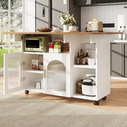 TOBIDOEN Küchenwagen mit Ausziehbare Arbeitsplatte, Kücheninsel Freistehend, Rollwagen mit Offene Regale, 2 Ebenen Staufach mit Glastüren, Servierwagen Buffetschrank mit Holzmaserung (Weiß) von TOBIDOEN