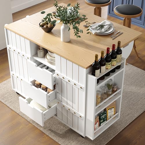 TOBIDOEN Küchenwagen mit Rollen und Arbeitsplatte ausziehbarer 110x42x90cm, Küchenschrank Servierwagen mit Gewürzregal und Handtuchhalter, Vielseitiger Stauraum mit Schiebetüren und Schubladen (Weiß) TOBIDOEN Küchenwagen mit Rollen und Arbeitsplatte ausziehbarer 110x42x90cm, Küchenschrank Servierwagen mit Gewürzregal und Handtuchhalter, Vielseitiger Stauraum mit Schiebetüren und Schubladen (Weiß) von TOBIDOEN