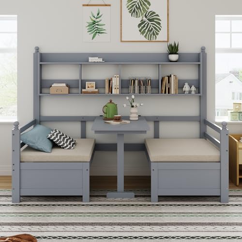 TOBIDOEN Massivholz Schlafsofa 90x200 mit Stauraum, 2-in-1 Bett und Schreibtisch, Frei Umbaubar, Multifunktionsbett mit Bücherregal und Bequemen Kissen, Gästebett Einzelbett (Grau) von TOBIDOEN