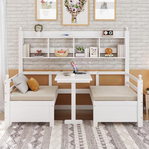 TOBIDOEN Massivholz Schlafsofa 90x200 mit Stauraum, 2-in-1 Bett und Schreibtisch, Frei Umbaubar, Multifunktionsbett mit Bücherregal und Bequemen Kissen, Gästebett Einzelbett (Weiß) von TOBIDOEN