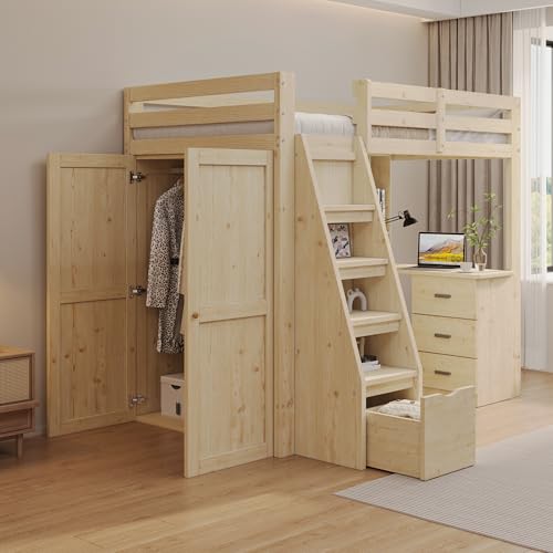 TOBIDOEN Massivholzbett Hochbett 90x200 cm mit Kleiderschrank, Sicherheits-Stauraumtreppe, Jugendbett Kinderbett mit Rausfallschutz, Einzelbett Massivholzrahmen, A-Natur TOBIDOEN Massivholzbett Hochbett 90x200 cm mit Kleiderschrank, Sicherheits-Stauraumtreppe, Jugendbett Kinderbett mit Rausfallschutz, Einzelbett Massivholzrahmen, A-Natur von TOBIDOEN