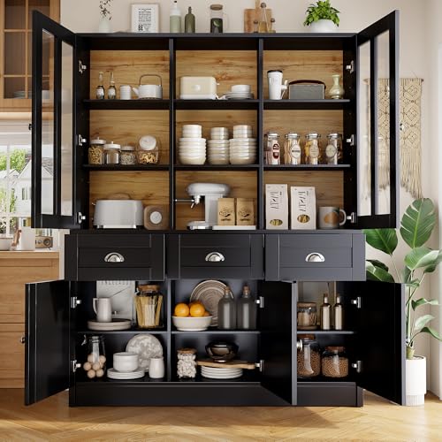 TOBIDOEN Mehrzweckschrank Buffetschrank Weiß 140×38.5×175cm, Küchenvitrine Küchenschrank mit Arbeitsplatte, Akryl-Schranktüren, 3 Schubladen, verstellbare Regale, offene Stauraumplätze (Schwarz) von TOBIDOEN