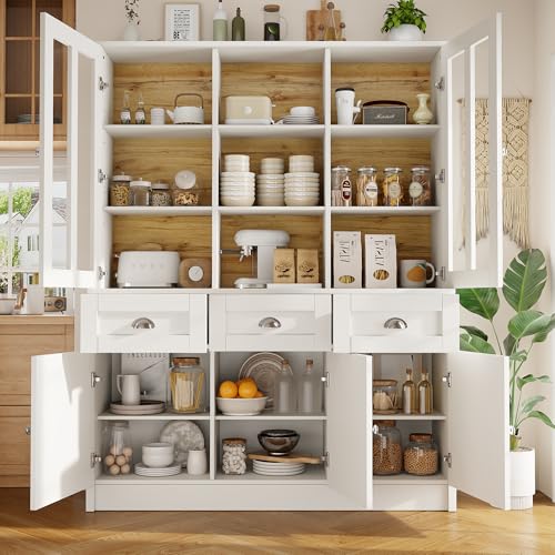 TOBIDOEN Mehrzweckschrank Buffetschrank Weiß 140×38.5×175cm, Küchenvitrine Küchenschrank mit Arbeitsplatte, Akryl-Schranktüren, 3 Schubladen, verstellbare Regale, offene Stauraumplätze (Weiß) von TOBIDOEN