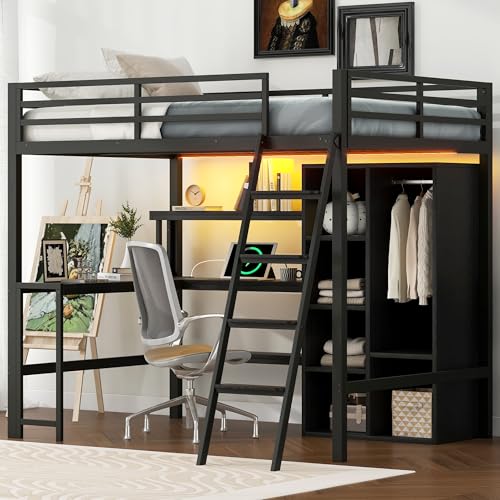 TOBIDOEN Metall-Hochbett 140x200 cm mit US/B Schreibtisch, Offener Kleiderschrank & Stauraumfächer, Darunter Mehrere Regale & LE/D Rendering, Metallbettgestell mit Seitengittern & Leiter, Schwarz TOBIDOEN Metall-Hochbett 140x200 cm mit US/B Schreibtisch, Offener Kleiderschrank & Stauraumfächer, Darunter Mehrere Regale & LE/D Rendering, Metallbettgestell mit Seitengittern & Leiter, Schwarz von TOBIDOEN