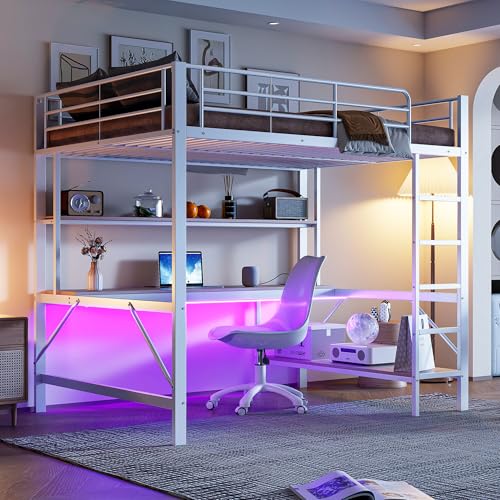 TOBIDOEN Metall Hochbett 140x200 mit Multifunktion und Schreibtisch, Hohes Eisenrahmenbett mit Mehrstöckiges Regal & Trittleiter, Sicherheitsgeländer Design, ohne Matratze (Weiß, 140 * 200 cm) von TOBIDOEN
