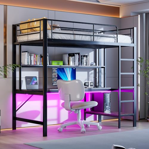 TOBIDOEN Metall Hochbett 90x200 mit Multifunktion und Schreibtisch, Hohes Eisenrahmenbett mit Mehrstöckiges Regal & Trittleiter, Sicherheitsgeländer Design, ohne Matratze (Schwarz, 90 * 200 cm) von TOBIDOEN