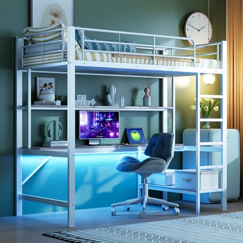 TOBIDOEN Metall Hochbett 90x200 mit Multifunktion und Schreibtisch, Hohes Eisenrahmenbett mit Mehrstöckiges Regal & Trittleiter, Sicherheitsgeländer Design, ohne Matratze (Weiß, 90 * 200 cm) von TOBIDOEN