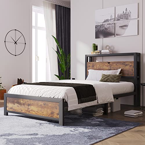 TOBIDOEN Metallbett Einzelbett 90x200 cm Kopfteil mit Ablagefläche, Jugendbett Kinderbett Bettgestell mit Metalllattenrost für Erwachsene/Kinder/Jugendliche, Ohne Matratze (Natur, 90x200) von TOBIDOEN