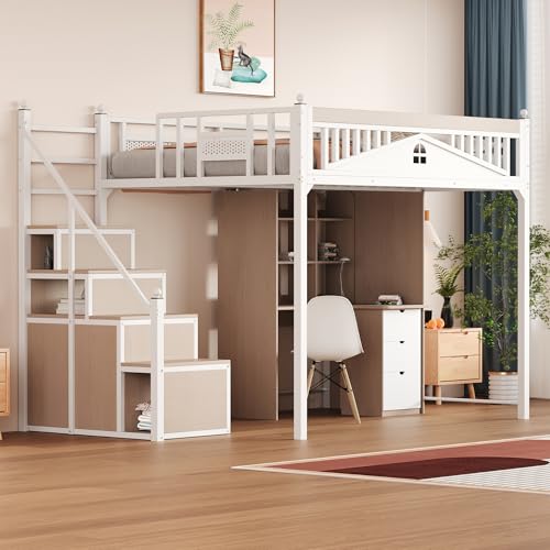 TOBIDOEN Metallbett Hochbett 140 x 200 mit Stauraum Treppe, Metall-Sicherheitszaun mit Metallkugel und Fensterdesign, Kletterleiter von Links nach rechts austauschbar, A(Weiß) von TOBIDOEN