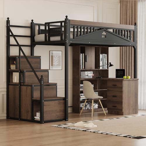 TOBIDOEN Metallbett Hochbett 90 x 200 mit Stauraum Treppe, Metall-Sicherheitszaun mit Metallkugel und Fensterdesign, Kletterleiter von Links nach rechts austauschbar, A(Schwarz) von TOBIDOEN
