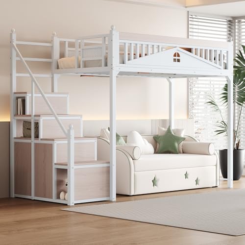 TOBIDOEN Metallbett Hochbett 90 x 200 mit Stauraum Treppe, Metall-Sicherheitszaun mit Metallkugel und Fensterdesign, Kletterleiter von Links nach rechts austauschbar, A(Weiß) von TOBIDOEN