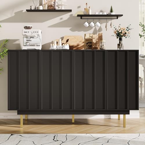 TOBIDOEN Minimalistisches Sideboard Esszimmerschrank Küchenschrank 140×38.5×82.5cm, Aufbewahrungsschrank mit 4 Schranktüren, verstellbaren Fächern und geräumigen Arbeitsflächen (Schwarz) von TOBIDOEN