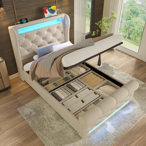 TOBIDOEN Modernes Samt-Polsterbett 90x200 cm, Einzelbett US/B Funktionsbett mit LE/D Ambiente-System, Reichlich Stauraum unter dem Bett, Bettgestell mit Lattenrost (Beige, 90x200) von TOBIDOEN