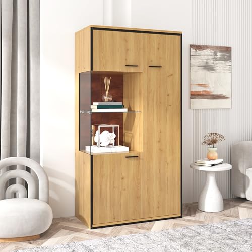 TOBIDOEN Modernes Sideboard mit Großer Stauraum, Offene Regale mit Glasboden, 6 Ablageflächen mit 3 Türen, Holzfarbe Küchenschrank mit Schwarz Griffen, 77.5x40x150cm (C) von TOBIDOEN