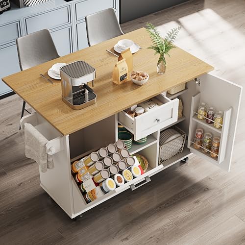 TOBIDOEN Multifunktionale Servierwagen mit Klappbarer Arbeitsplatte 142 x 63x 87cm,Küchenwagen mit Rollen,Küchenschrank mit Snackregalen,Schubladen,Handtuchhalter und Mülleimer (Weiß) von TOBIDOEN