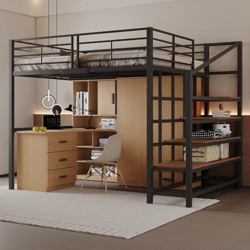 TOBIDOEN Multifunktionales Hochbett 140 x 200 mit Stauraum, Kinderbett Metallbett mit Stauraumtreppe, geräumigem Stauraum unter dem Treppe, Eisenbett, B(Schwarz) von TOBIDOEN