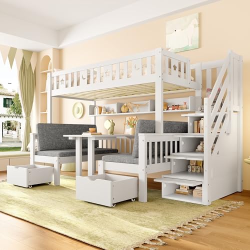 TOBIDOEN Multifunktionales Hochbett Etagenbett 90x200 cm, Untere Ebene Umbaubar Zwischen Bett und Klapptisch, Stauraum mit 2 Schubladen, Lagerregal und Stauraumtreppe, Schutzgeländer, Weiß TOBIDOEN Multifunktionales Hochbett Etagenbett 90x200 cm, Untere Ebene Umbaubar Zwischen Bett und Klapptisch, Stauraum mit 2 Schubladen, Lagerregal und Stauraumtreppe, Schutzgeländer, Weiß von TOBIDOEN